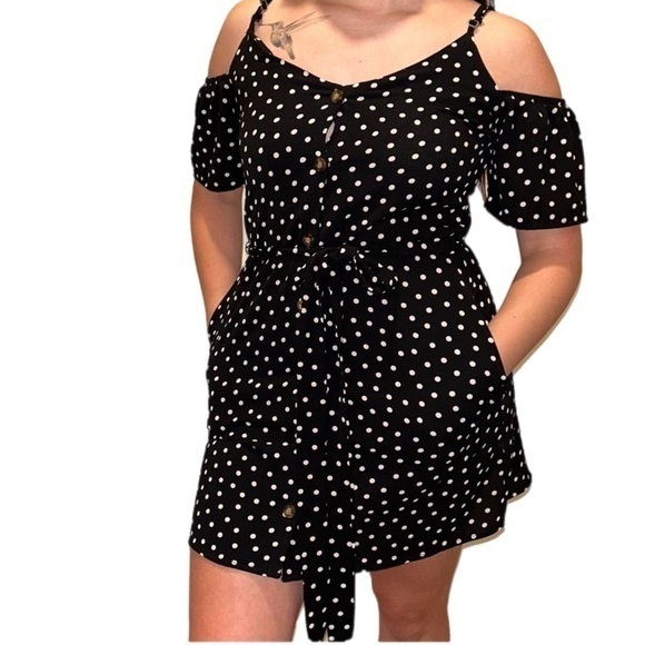 Speechless Dresses & Skirts - Speechless | Black and White Polka Dot Cold Shoulder Button Front Dress